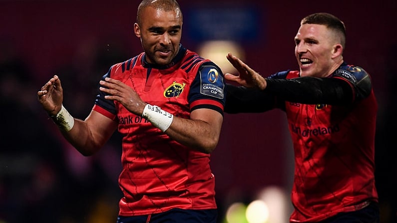 9 December 2017; Simon Zebo is congratulated by his Munster team-mate Andrew Conway, right, after scoring their second try during the European Rugby Champions Cup Pool 4 Round 3 match between Munster and Leicester Tigers at Thomond Park in Limerick. Photo by Stephen McCarthy/Sportsfile