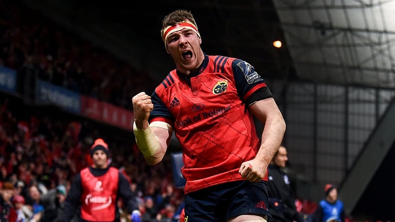 9 December 2017; Peter O'Mahony of Munster celebrates after scoring his side's third try during the European Rugby Champions Cup Pool 4 Round 3 match between Munster and Leicester Tigers at Thomond Park in Limerick. Photo by Stephen McCarthy/Sportsfile