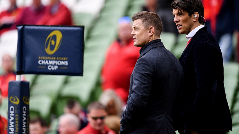 22 April 2017; BT Sport pundits Brian O'Driscoll, left, and Donnacha O'Callaghan ahead of the European Rugby Champions Cup Semi-Final match between Munster and Saracens at the Aviva Stadium in Dublin. Photo by Ramsey Cardy/Sportsfile