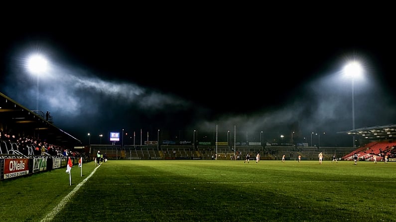 25 March 2017; A general view of smoke from chimmneys bellowing over the floodlights during the Allianz Football League Division 3 Round 6 game between Armagh and Antrim at Athletic Grounds in Armagh. Photo by Oliver McVeigh/Sportsfile