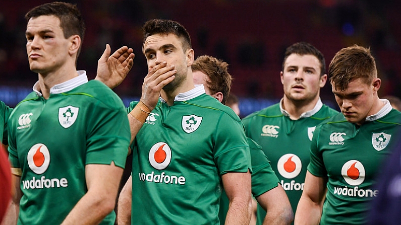 10 March 2017; Conor Murray, second from left, and his Ireland team-mates, including Jonathan Sexton, Robbie Henshaw and Garry Ringrose following the RBS Six Nations Rugby Championship match between Wales and Ireland at the Principality Stadium in Cardiff, Wales. Photo by Stephen McCarthy/Sportsfile