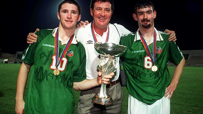 25 July 1998; Ireland's Robbie Keane, left, Kevin Fahey, FAI and Jason Gavin right pictured pictured with the cup after victory over Germany in the final. Republic of Ireland v Germany, European U-18 Championship Final, New G.S.Z. (Zenon) Stadium, Larnaca, Cyprus. Soccer. Picture credit; David Maher / SPORTSFILE