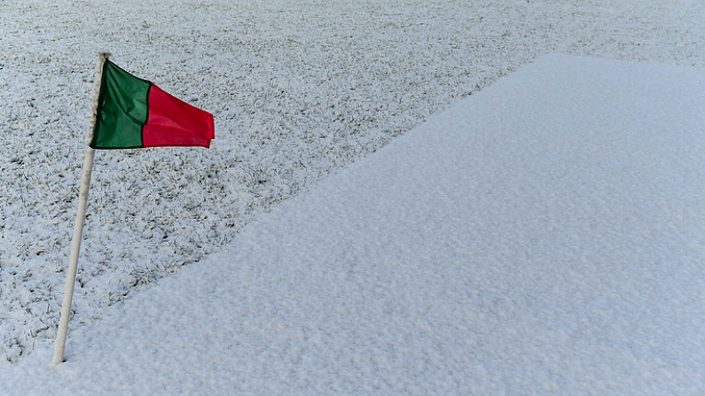 11 February 2018; A general view of snow on the pitch in Grattan Park prior to the Allianz Football League Division 1 Round 3 match between Monaghan and Kerry at Pairc Grattan in Inniskeen, Monaghan. Photo by Brendan Moran/Sportsfile