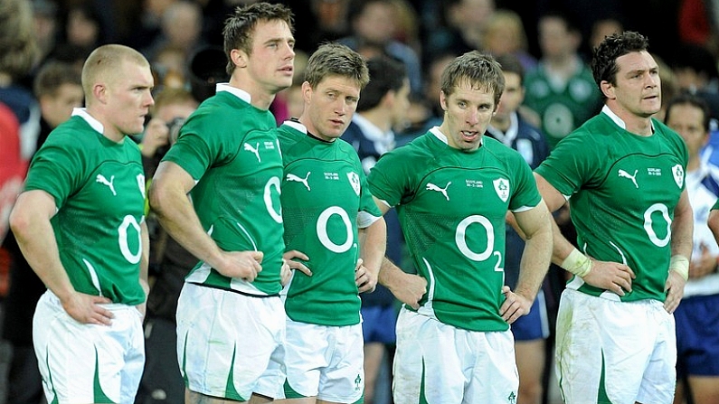 20 March 2010; Ireland players, from left, Keith Earls, Tommy Bowe, Ronan O'Gara, Tomas O'Leary and David Wallace after the final whistle. RBS Six Nations Rugby Championship, Ireland v Scotland, Croke Park, Dublin. Picture credit: Brendan Moran / SPORTSFILE