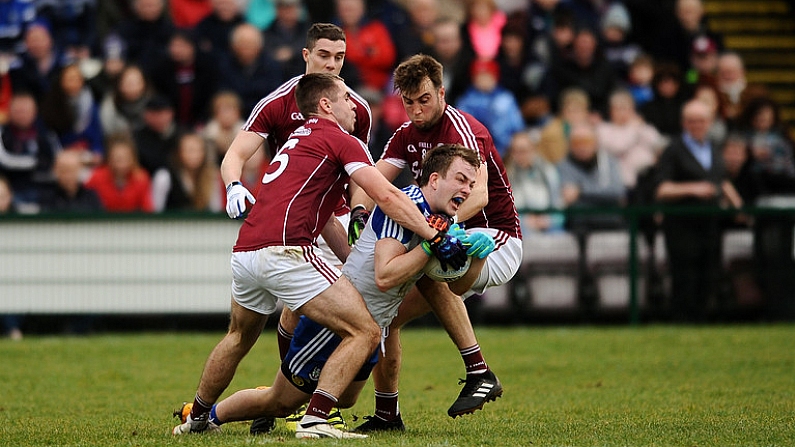 11 March 2018; Jack McCarron of Monaghan in action against, from left, Cathal Sweeney, Eamonn Brannigan, and Paul Conroy of Galway during the Allianz Football League Division 1 Round 5 match between Galway and Monaghan at Pearse Stadium in Galway. Photo by Aaron Greene/Sportsfile