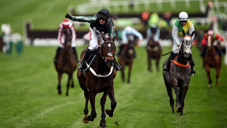 14 March 2017; Nico de Boinville celebrates winning the Racing Post Arkle Challenge Trophy Novices' Steeple Chase on Altior during the Cheltenham Racing Festival at Prestbury Park, in Cheltenham, England. Photo by Cody Glenn/Sportsfile