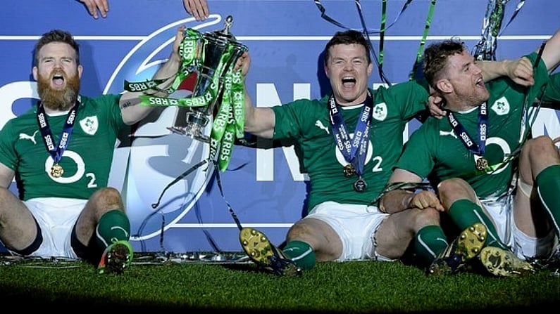 15 March 2014; Ireland's Gordon D'Arcy, Brian O'Driscoll, Jamie Heaslip and Dave Kearney celebrate the with RBS Six Nations Rugby Championship 2014 trophy. RBS Six Nations Rugby Championship 2014, France v Ireland, Stade De France, Saint Denis, Paris, France. Picture credit: Matt Browne / SPORTSFILE