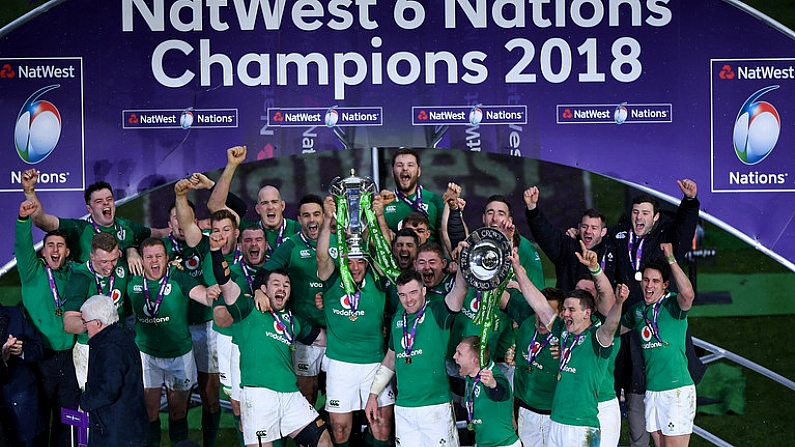 17 March 2018; The Ireland team celebrate with the Six Nations and Triple Crown trophies after the NatWest Six Nations Rugby Championship match between England and Ireland at Twickenham Stadium in London, England. Photo by Harry Murphy/Sportsfile