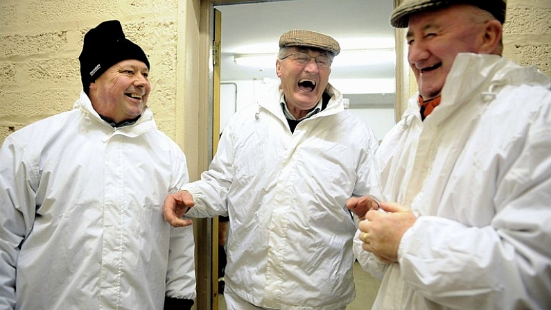 3 February 2008; Umpire's, from left, Matt Flynn, John Tyrrell, and Paddy Shiggins share a joke before the match. Antrim v Offaly, Walsh Cup Final, Casement Park, Belfast, Co. Antrim. Picture credit; Brian Lawless / SPORTSFILE