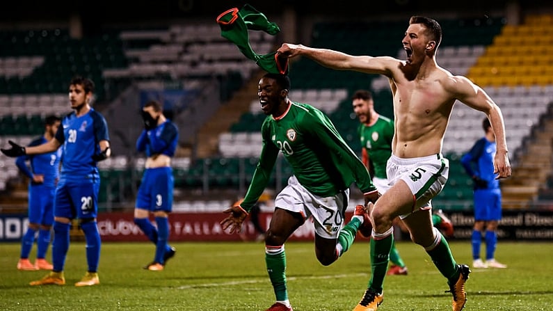 27 March 2018; Shaun Donnellan of Republic of Ireland celebrates after scoring his side's winning goal during the UEFA U21 Championship Qualifier match between the Republic of Ireland and Azerbaijan at Tallaght Stadium in Dublin. Photo by Stephen McCarthy/Sportsfile