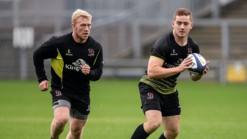 14 October 2016; Paddy Jackson, right, and Stuart Olding of Ulster during squad training at Kingspan Stadium in Ravenhill Park, Belfast. Photo by Oliver McVeigh/Sportsfile