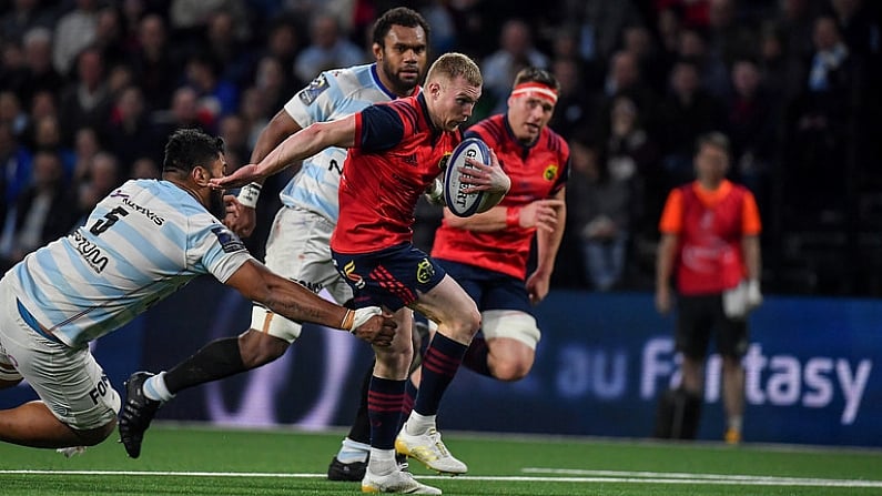 14 January 2018; Keith Earls of Munster beats the tackle of Edwin Maka of Racing 92 on the way to scoring his side's try during the European Rugby Champions Cup Pool 4 Round 5 match between Racing 92 and Munster at the U Arena in Paris, France. Photo by Brendan Moran/Sportsfile