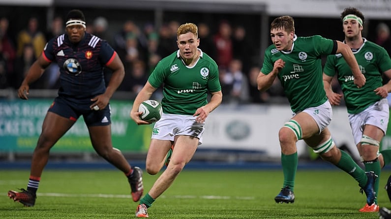 24 February 2017; Jordan Larmour of Ireland makes a break through the French defence during the RBS U20 Six Nations Rugby Championship match between Ireland and France at Donnybrook Stadium, in Donnybrook, Dublin. Photo by Brendan Moran/Sportsfile