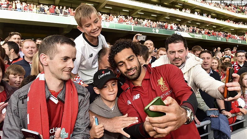 5 August 2017; Liverpool's Mohamed Salah with supporters after the International Club soccer match between Liverpool and Athletic Bilbao at the Aviva Stadium in Dublin. Photo by Matt Browne/Sportsfile