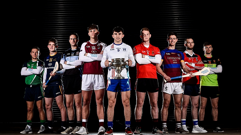 7 December 2017; Fitzgibbon Cup teams representatives, from left, David Reidy of LIT, Patrick Curran of DCU Dochas Eirann, Nicky Cleere of Garda College, Cian Salmon of NUIG, Michael Breen of UCC, Lorcan Lyons of UL, Mark Fanning of WIT, and Colin Dunford of Institute of Technology Carlow, in attendance at the Electric Ireland Higher Education GAA Senior Championships Launch and Draw at Croke Park in Dublin. Photo by Seb Daly/Sportsfile