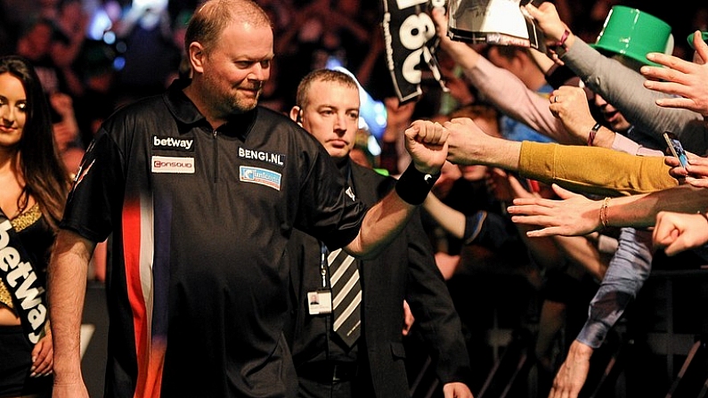 18 Febraury 2016; Raymond Van Barneveld makes his way to the stage ahead of his match against Robert Thornton during the Betway Premier League Darts. 3 Arena, Dublin. Picture credit: Seb Daly / SPORTSFILE