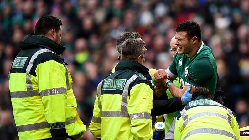 10 February 2018; Robbie Henshaw of Ireland receives medical attention after sustaining an injury during the Six Nations Rugby Championship match between Ireland and Italy at the Aviva Stadium in Dublin. Photo by David Fitzgerald/Sportsfile