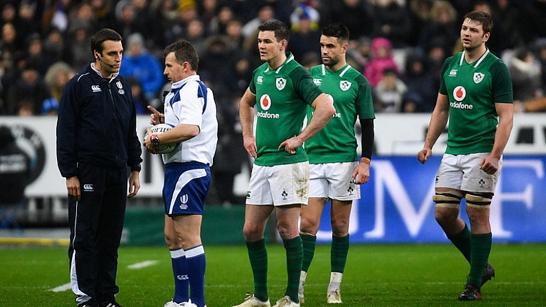 3 February 2018; Jonathan Sexton of Ireland speaks to referee Nigel Owens during the NatWest Six Nations Rugby Championship match between France and Ireland at the Stade de France in Paris, France. Photo by Ramsey Cardy/Sportsfile