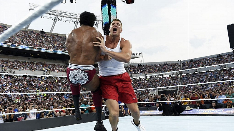 MAR 31, 2017, Orlando, FL:  WWE Superstars New Day showoff the  WrestleMania stadium reveal.  2017 Craig Melvin/WWE