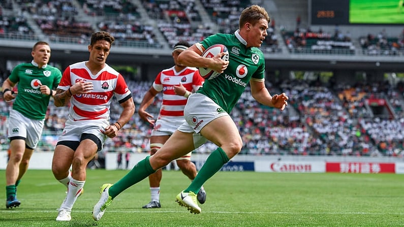 17 June 2017; Garry Ringrose of Ireland runs in to score scores his side's sixth try during the international rugby match between Japan and Ireland at the Shizuoka Epoca Stadium in Fukuroi, Shizuoka Prefecture, Japan. Photo by Brendan Moran/Sportsfile