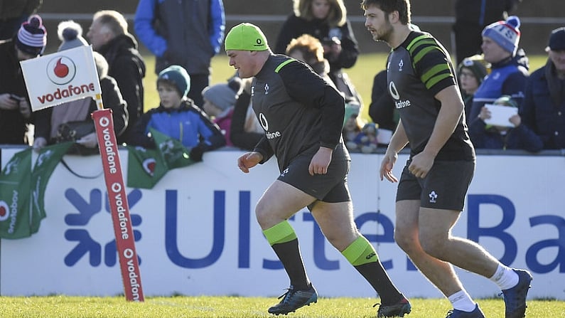 15 February 2018; Tadhg Furlong, left, and Iain Henderson during Ireland Rugby squad training at Buccaneers RFC, Dubarry Park, Athlone, Westmeath. Photo by Brendan Moran/Sportsfile