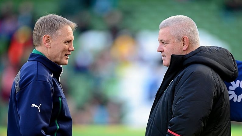 8 February 2014; Ireland head coach Joe Schmidt, left, and Wales head coach Warren Gatland before the game. RBS Six Nations Rugby Championship, Ireland v Wales, Aviva Stadium, Lansdowne Road, Dublin. Picture credit: Brendan Moran / SPORTSFILE