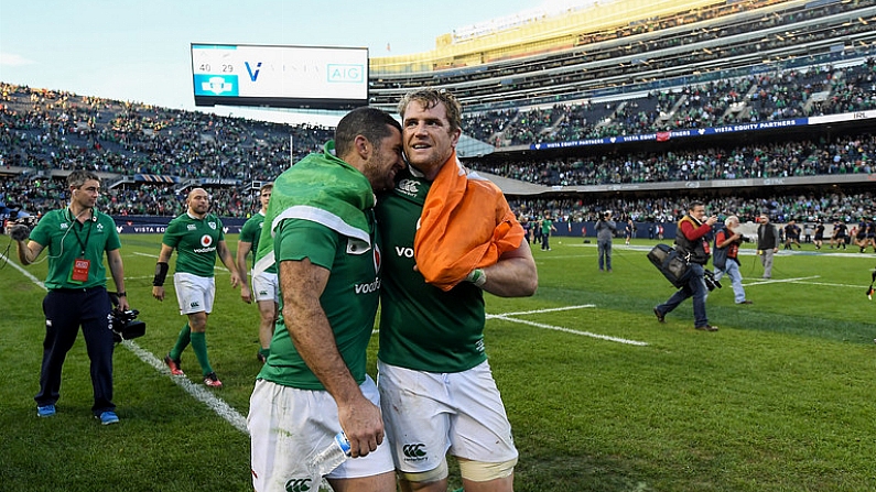 5 November 2016; Rob Kearney, left, and Jamie Heaslip of Ireland celebrate victory after the International rugby match between Ireland and New Zealand at Soldier Field in Chicago, USA. Photo by Brendan Moran/Sportsfile