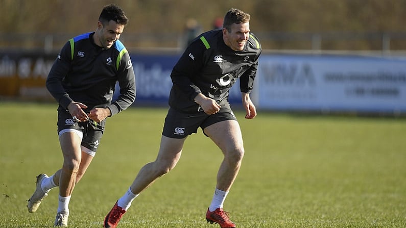 15 February 2018; Conor Murray, left, and Chris Farrell during Ireland Rugby squad training at Buccaneers RFC, Dubarry Park, Athlone, Westmeath. Photo by Brendan Moran/Sportsfile