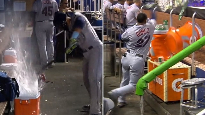 Baseball Player Loses Mind With Water Cooler After Strikeout