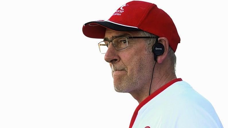 7 July 2018; Tyrone manager Mickey Harte during the GAA Football All-Ireland Senior Championship Round 4 between Cork and Tyrone at OMoore Park in Portlaoise, Co. Laois. Photo by Eoin Noonan/Sportsfile