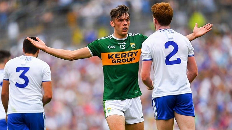 22 July 2018; David Clifford of Kerry taunts Kieran Duffy of Monaghan during the GAA Football All-Ireland Senior Championship Quarter-Final Group 1 Phase 2 match between Monaghan and Kerry at St Tiernach's Park in Clones, Monaghan. Photo by Ramsey Cardy/Sportsfile