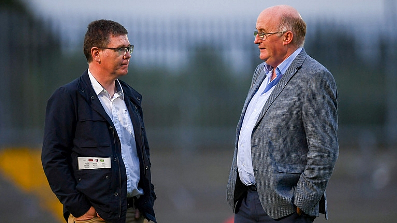 21 July 2018; Ard Stiurthoir of the GAA Tom Ryan, left, and Uachtaran Chumann Luthchleas Gael John Horan in conversation following the GAA Football All-Ireland Senior Championship Quarter-Final Group 2 Phase 2 match between Tyrone and Dublin at Healy Park in Omagh, Tyrone. Photo by Stephen McCarthy/Sportsfile