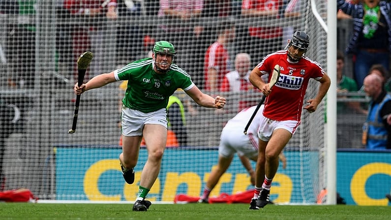 29 July 2018; Shane Dowling of Limerick celebrates after scoring his side's second goal during the GAA Hurling All-Ireland Senior Championship semi-final match between Cork and Limerick at Croke Park in Dublin. Photo by Ramsey Cardy/Sportsfile