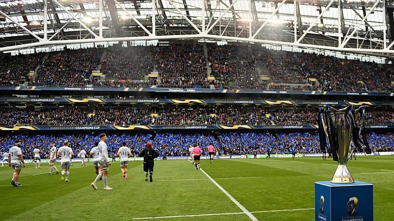 1 April 2018; A general view of the Champions Cup trophy during the European Rugby Champions Cup quarter-final match between Leinster and Saracens at the Aviva Stadium in Dublin. Photo by Ramsey Cardy/Sportsfile