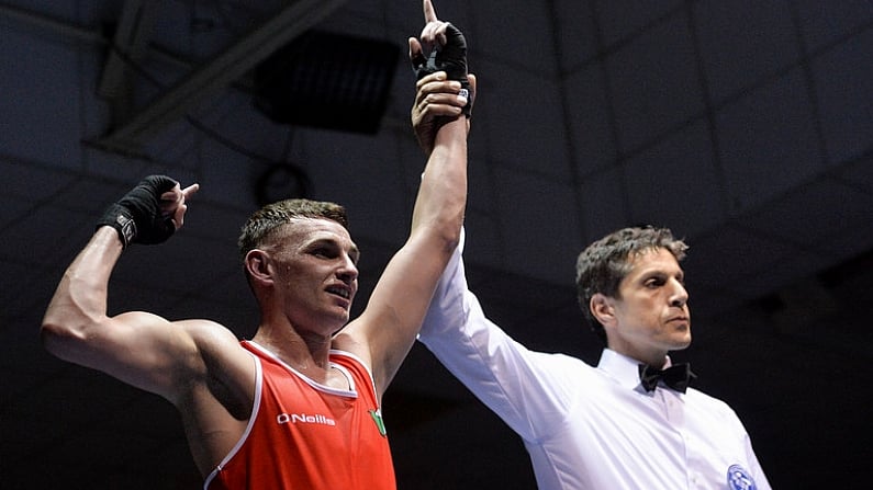 28 April 2017; Sean McComb of Ireland celebrates after defeating Vitaly Dunaystev of Russia during their 64kg bout at the Elite International Boxing Tournament in the National Stadium, Dublin. Photo by Piaras O Midheach/Sportsfile