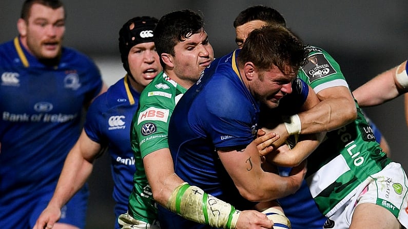 14 April 2018; Jordi Murphy of Leinster is tackled by Sebastian Negri, left, and Tommaso Iannone of Benetton Rugby during the Guinness PRO14 Round 20 match between Leinster and Benetton Rugby at the RDS Arena in Dublin. Photo by Ramsey Cardy/Sportsfile