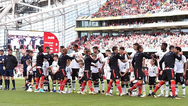 5 August 2017; Players shake hands before the International Club soccer match between Liverpool and Athletic Bilbao at the Aviva Stadium in Dublin. Photo by Matt Browne/Sportsfile