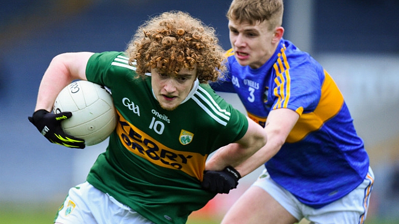 11 April 2018; Paul Walsh of Kerry in action against Shane Lowe of Tipperary during the Electric Ireland Munster GAA Football Minor Championship Quarter-Final match between Tipperary and Kerry at Semple Stadium in Thurles, Co Tipperary. Photo by Matt Browne/Sportsfile