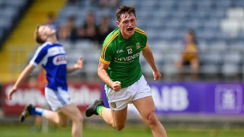 7 July 2018; Bryan McCormack Meath celebrates after scoring his side's third goal during the Electric Ireland Leinster GAA Minor Football Championship Semi-Final match between Laois and Meath at OMoore Park in Portlaoise, Co. Laois. Photo by Eoin Noonan/Sportsfile