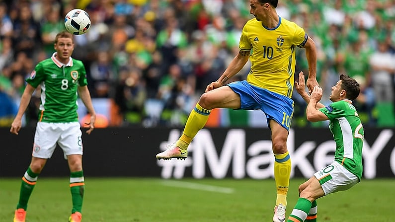 13 June 2016; Zlatan Ibrahimovic of Sweden in action against Wes Hoolahan of Republic of Ireland during the UEFA Euro 2016 Group E match between Republic of Ireland and Sweden at Stade de France in Saint Denis, Paris, France. Photo by Stephen McCarthy/Sportsfile