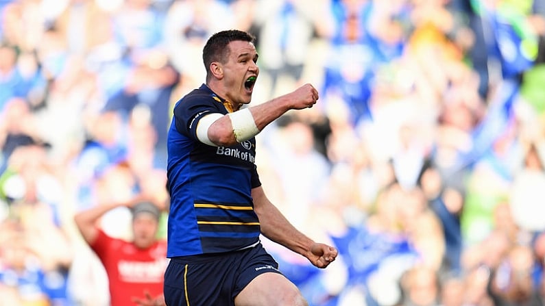 21 April 2018; Jonathan Sexton of Leinster celebrates after scoring his side's fifth try during the European Rugby Champions Cup Semi-Final match between Leinster Rugby and Scarlets at the Aviva Stadium in Dublin. Photo by Sam Barnes/Sportsfile