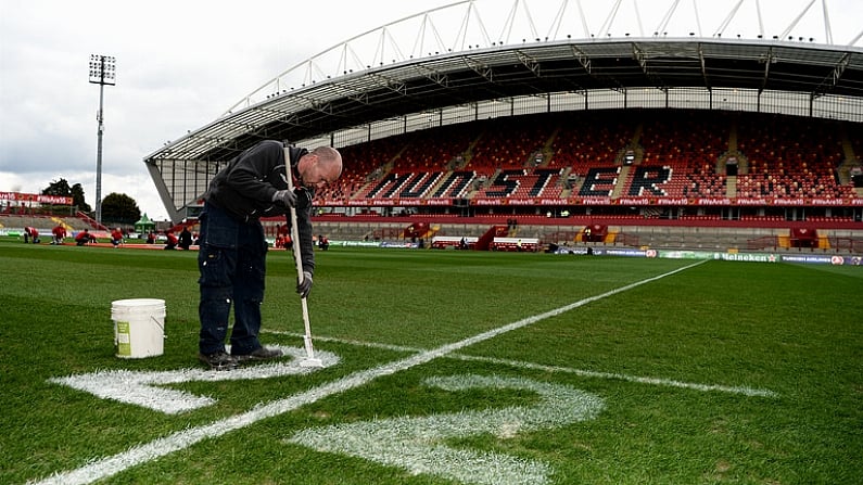 31 March 2018; Thomond Park groundstaff member Vincent O'Brien paints on the 22 prior to the European Rugby Champions Cup quarter-final match between Munster and RC Toulon at Thomond Park in Limerick. Photo by Diarmuid Greene/Sportsfile