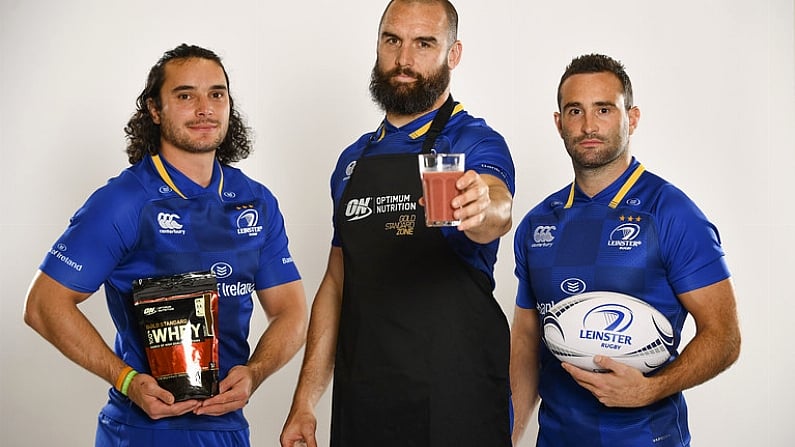 2 May 2018; Optimum Nutritions Gold Standard 100% Whey Protein is now available in SuperValu and Dunnes Stores nationwide. Optimum Nutrition, Official Sport Nutrition Partner to Leinster Rugby, is fuelling success on the field as Leinster Rugby stars, from left, James Lowe, Scott Fardy, and Dave Kearney prepare themselves for the European Rugby Champions Cup Final on May 12. Photo by Sam Barnes/Sportsfile