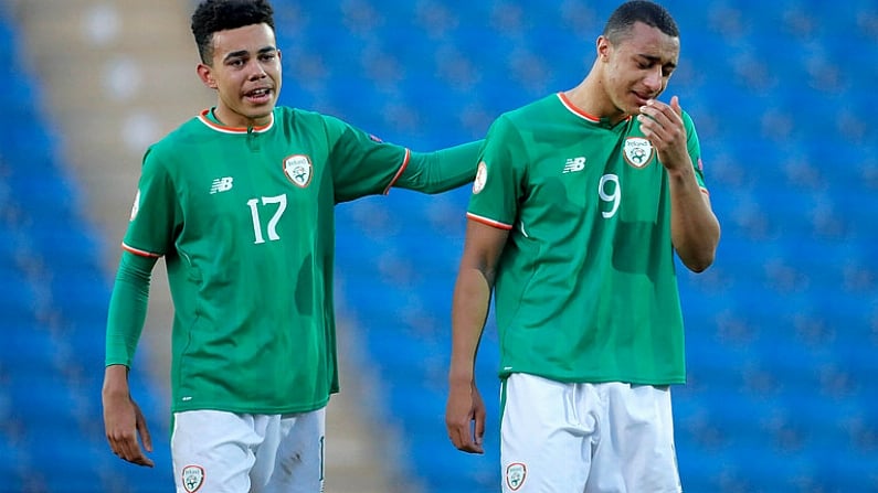 14 May 2018; Tyriek Wright, left, of Republic of Ireland consoles team-mate Adam Idah following the UEFA U17 Championship Quarter-Final match between Netherlands and Republic of Ireland at Proact Stadium in Chesterfield, England. Photo by Malcolm Couzens/Sportsfile