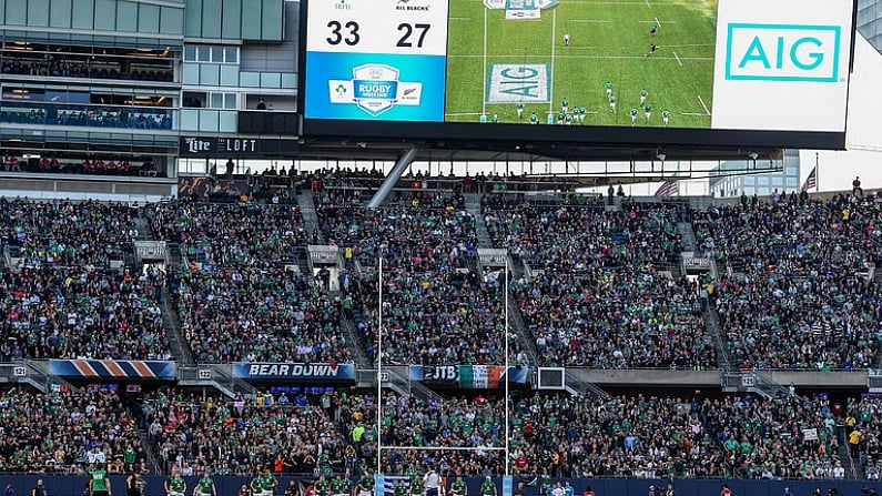 5 November 2016; Beauden Barrett of New Zealand kicks a conversion to bring the score to 33-29 with 16 minutes to play during the International rugby match between Ireland and New Zealand at Soldier Field in Chicago, USA. Photo by Brendan Moran/Sportsfile