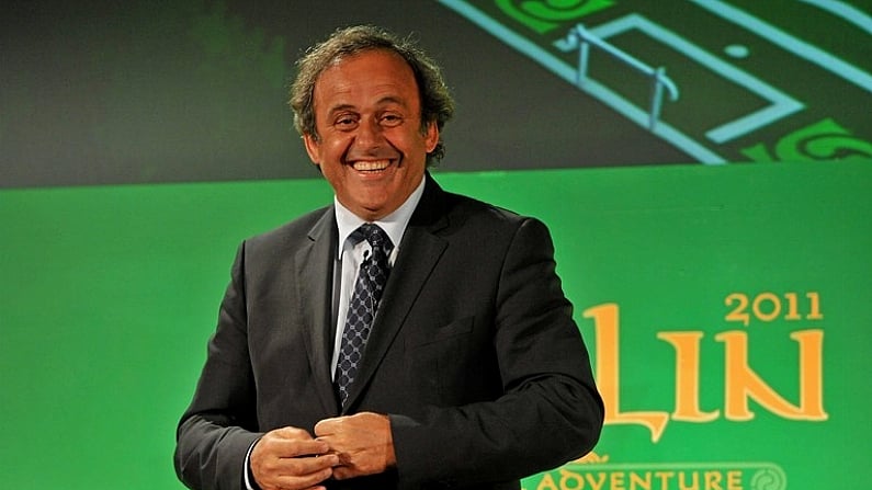 19 April 2011; UEFA President Michel Platini, pictured before handing over the UEFA Europa League Trophy to Cllr. Gerry Breen, Lord Mayor of Dublin, for the city to keep and display to the public until the UEFA Europa League final, to be played at the Aviva Stadium on Wednesday 18 May. Royal Hospital Kilmainham, Dublin. Picture credit: David Maher / SPORTSFILE