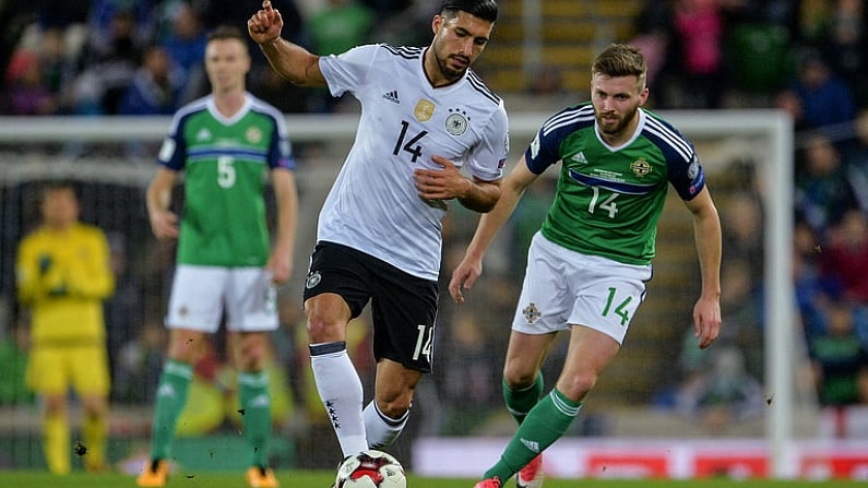 5 October 2017; Emre Can of Germany in action against Stuart Dallas of Northern Ireland during the FIFA World Cup Qualifier Group C match between Northern Ireland and Germany at National Stadium at Windsor Park in Belfast. Photo by Oliver McVeigh/Sportsfile