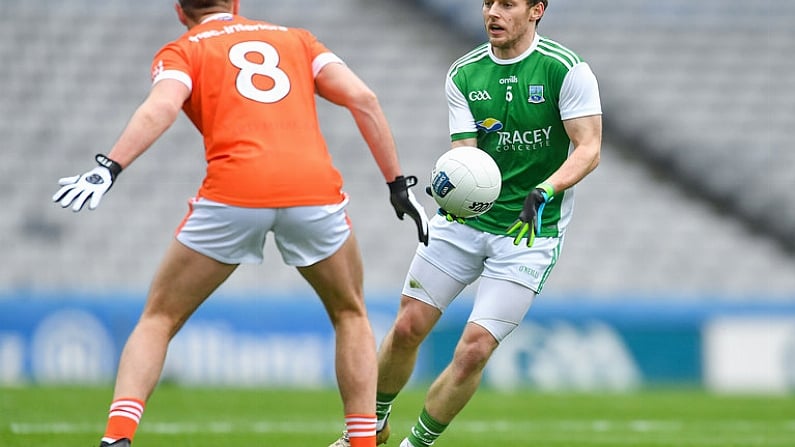 31 March 2018; Declan McCusker of Fermanagh in action against Stephen Sheridan of Armagh during the Allianz Football League Division 3 Final match between Armagh and Fermanagh at Croke Park in Dublin. Photo by Piaras O Midheach/Sportsfile