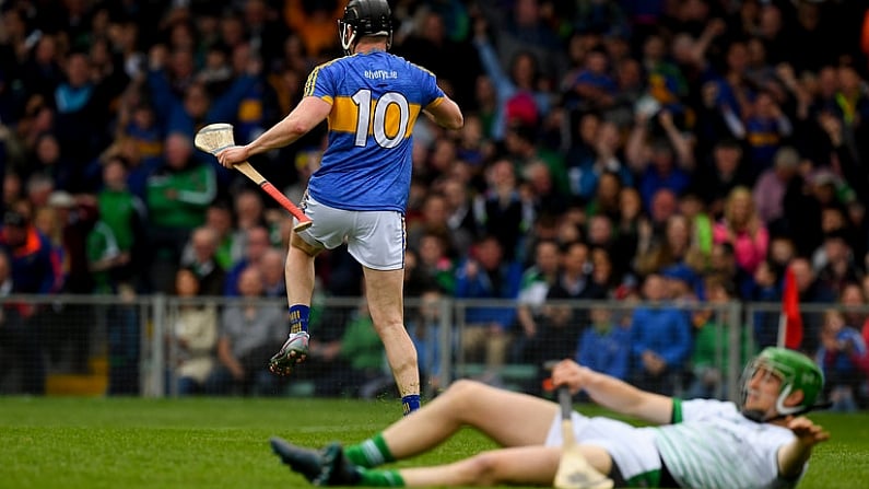 20 May 2018; Dan McCormack of Tipperary celebrates after shooting past Nickie Quaid of Limerick to score his side's first goal in the 20th minute during the Munster GAA Hurling Senior Championship Round 1 match between Limerick and Tipperary at the Gaelic Grounds in Limerick. Photo by Ray McManus/Sportsfile