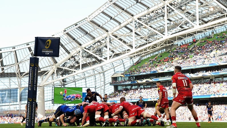 21 April 2018; A general view of a scrum during the European Rugby Champions Cup Semi-Final match between Leinster Rugby and Scarlets at the Aviva Stadium in Dublin. Photo by Sam Barnes/Sportsfile